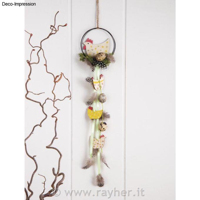 Decorazione in legno Gallo+Pollo5-8 cm, + cordino 2,5 m, scatola 16 pezz