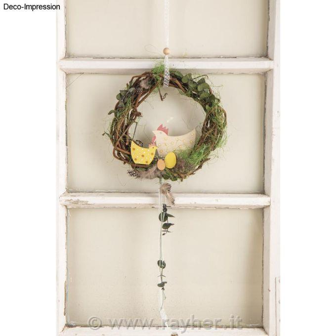 Decorazione in legno Gallo+Pollo5-8 cm, + cordino 2,5 m, scatola 16 pezz