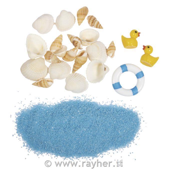 Mini conchiglie decorative, sabbia e altro