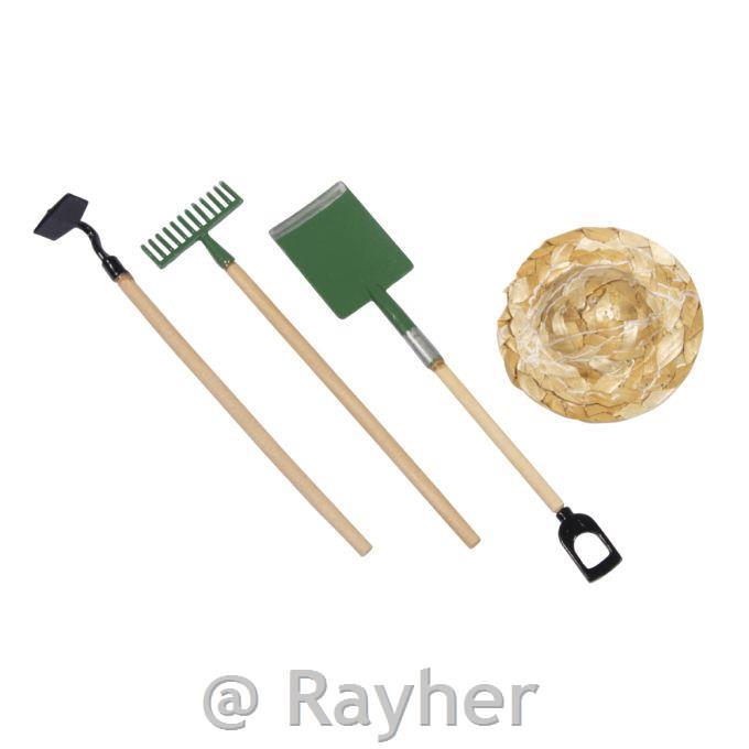 Mini attrezzi da giardino decorativi + cappello di paglia