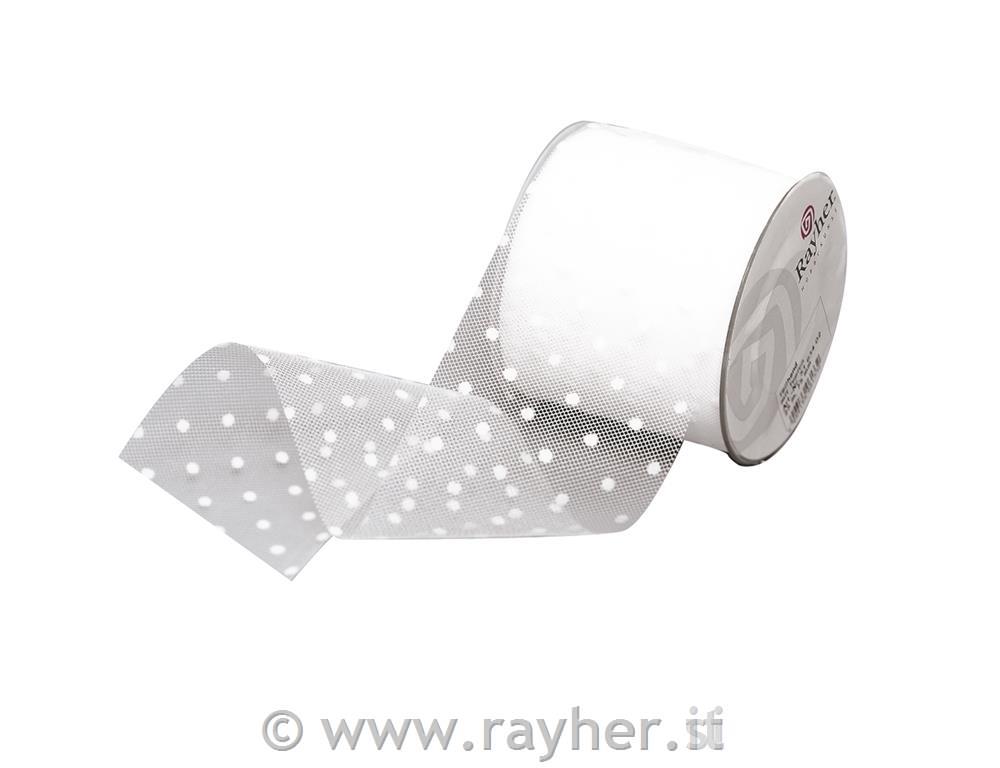 Tulle ribbon with spots, white, 75 mm, r
