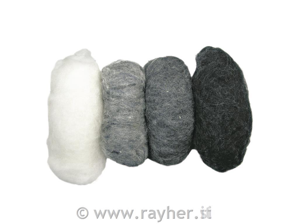 Pura lana vergine/vello, melange4 colori da 25gtonalitá-grigia