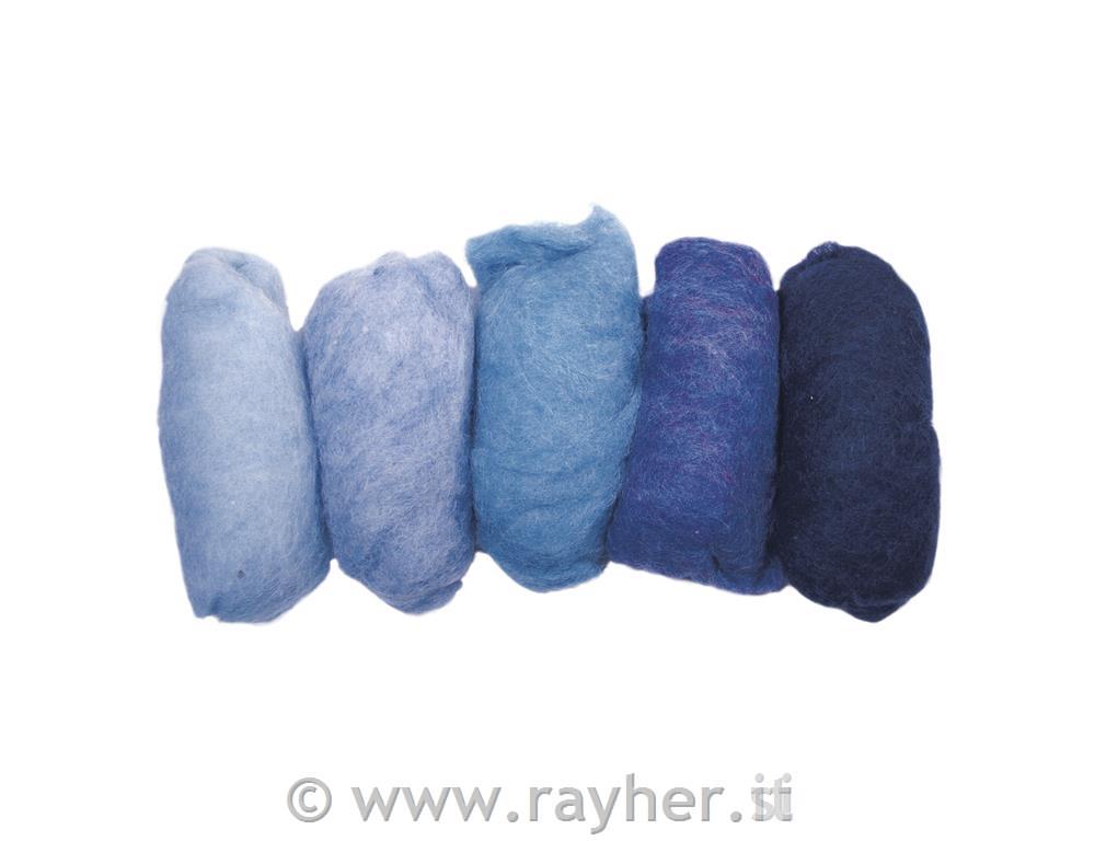 Pura lana non trattata/vello, melange5 colori da 20gtonalitá-blu