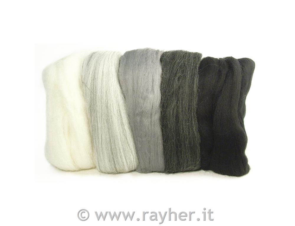 Merino pelo corto pettinato,superfine19 mic,busta 5 colori da 10 gtonal.nero-bianco-grigio