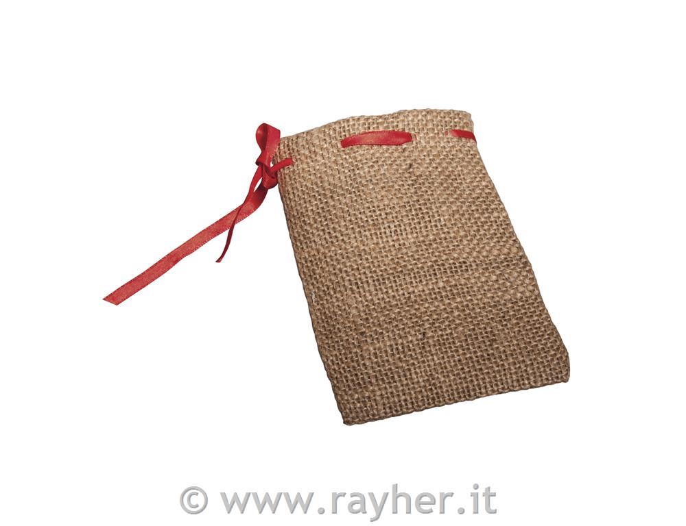 Jute bag w. red cord10x14cm, tab-bag 4pc