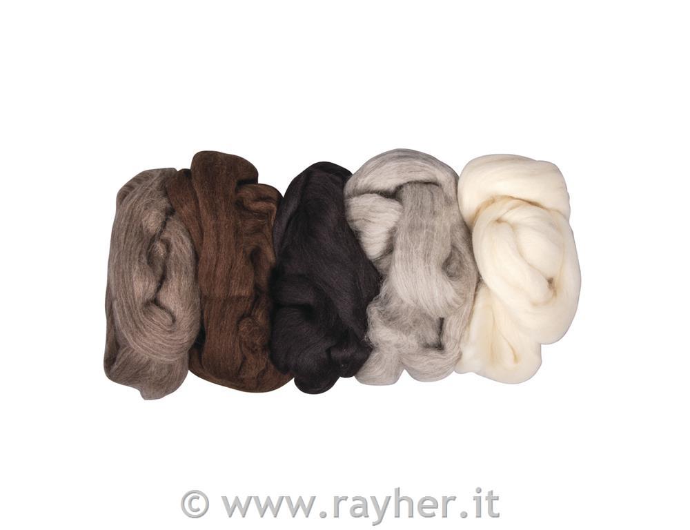 Pure new wool top, 5 colours a 25g, bag125g Natural mix