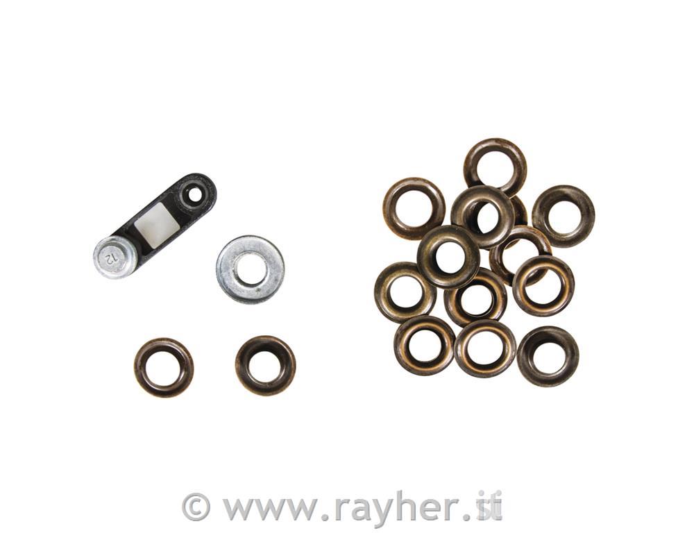 Occhielli met., 24mm oincl. utensili, bus.blister 10pzoro antico