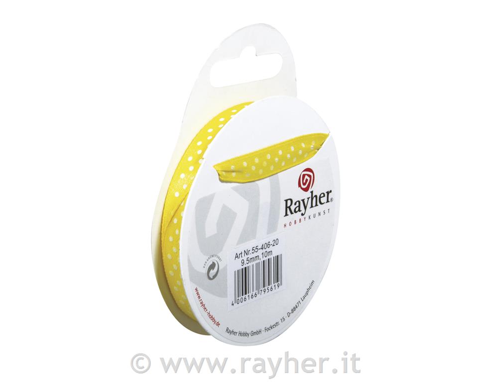 Nastro raso con puntini9,5mm, rot. 10mgiallo