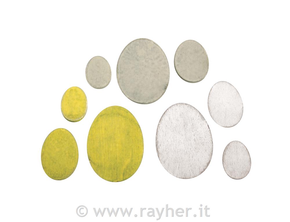 Miniature legno uova3-6cm, 3 colori, bus.blis. 9pz