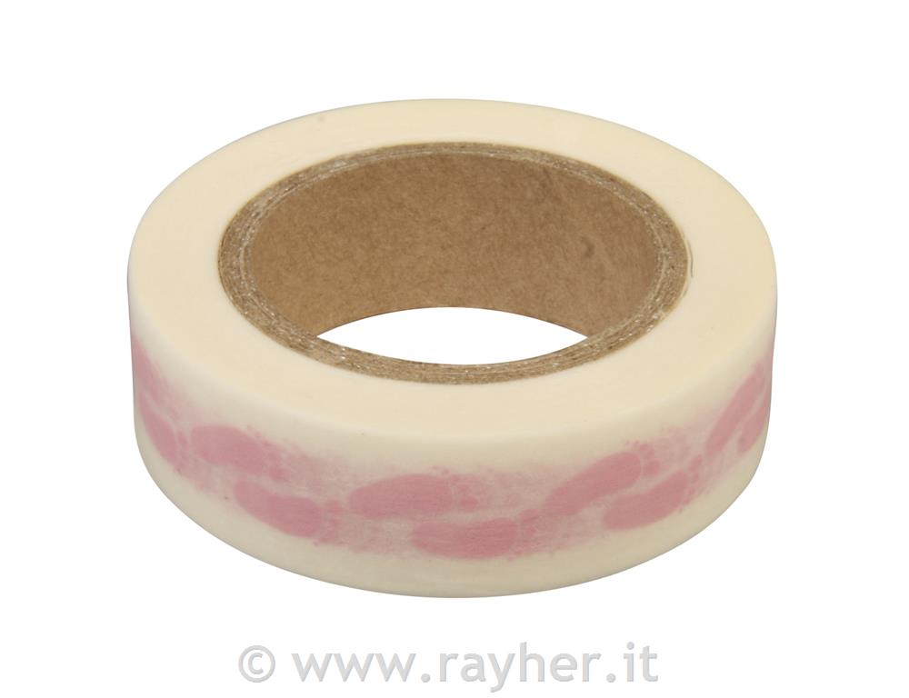 Nastro adesivo Washi piedini15mm, rotolo 15mrosa bebe