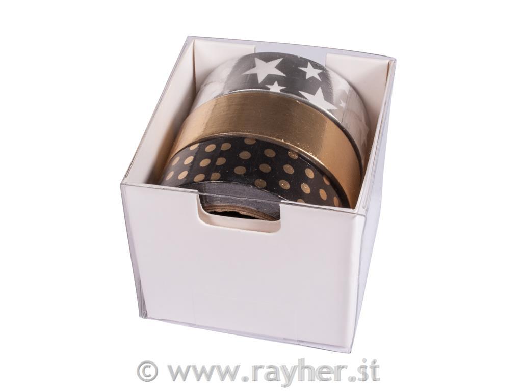 Washi Tape set Black/Gold/Silver Foil, 15mm, 3 design á 10m, box 30m