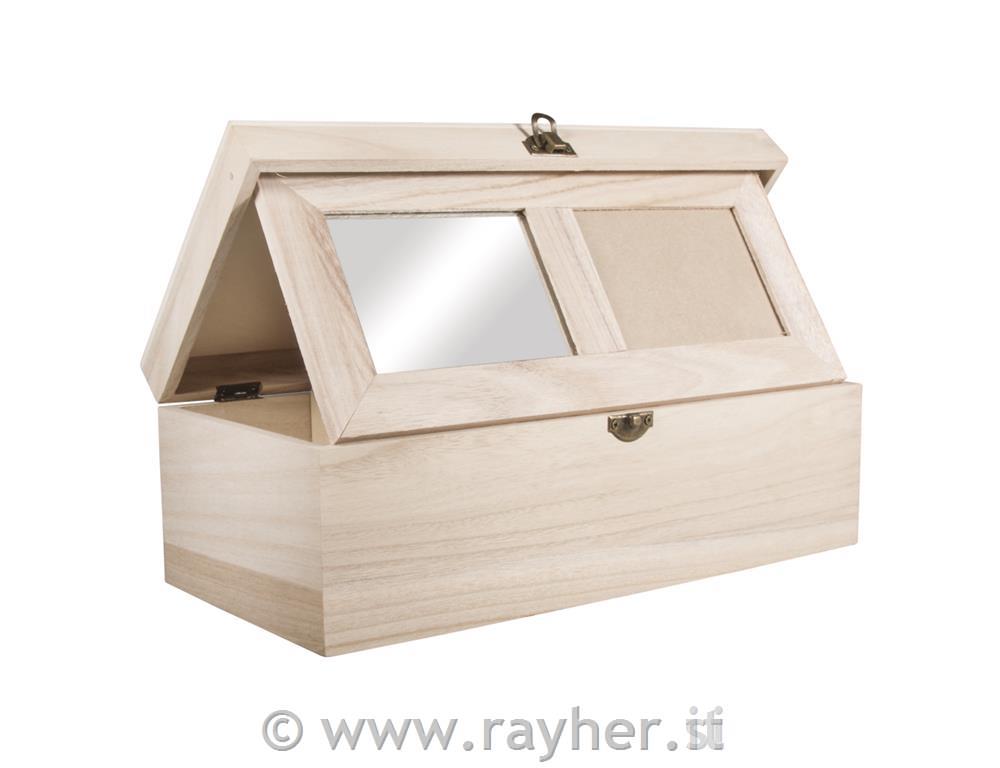 Lesena škatla, 32x15x10cm, ogledalo+okvir, 4 komp.