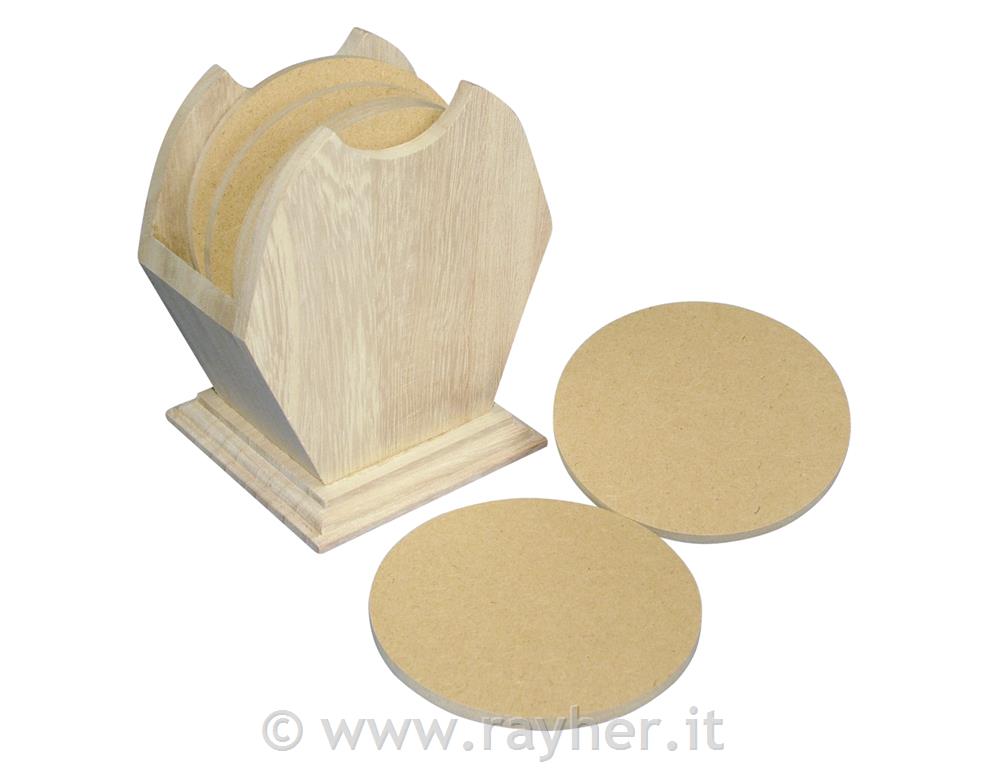 Lesena škatla + podstavki, okrogli, 10cm, set 6 podstavkov