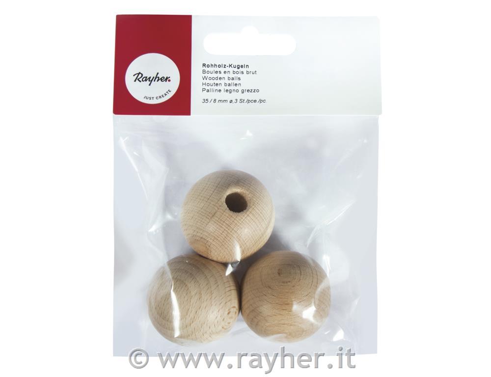 Lesene kroglice, naravne, 35 mm o, luknja 8 mm, 3 kom.
