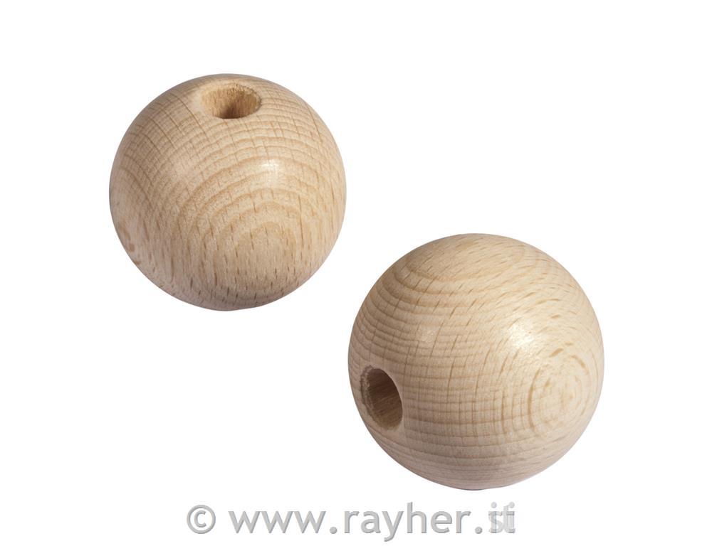 Palline legno grezzo 40mm o8 mm foro, busta 2 pz