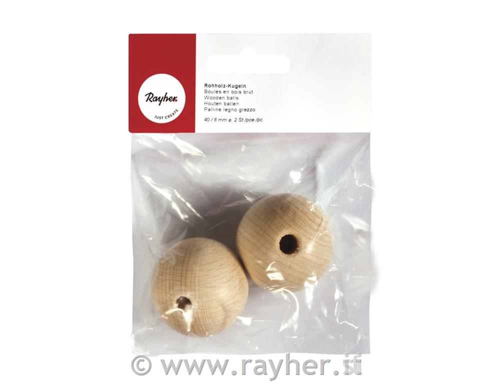 Palline legno grezzo 40mm o8 mm foro, busta 2 pz