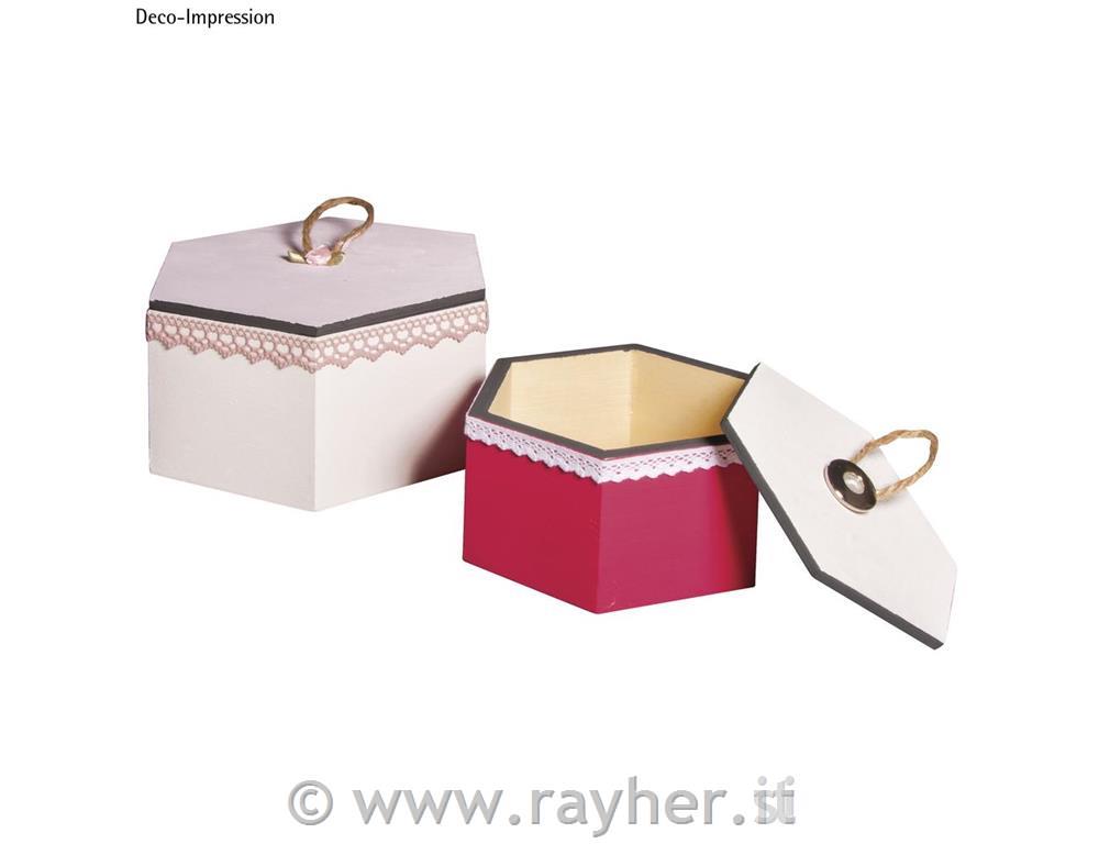 Set: scatole legno esag. FSC Mix Credit1 pz 16x14x8,3cm+12x10,6x6,5cm