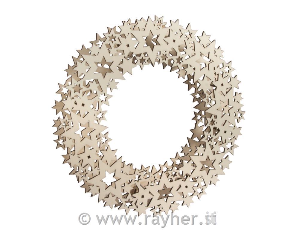 Wood.ornam.wreath Star,FSCMixCred,35cm o10-part, with crosspcs, 4.8cm, box 1Setnatural