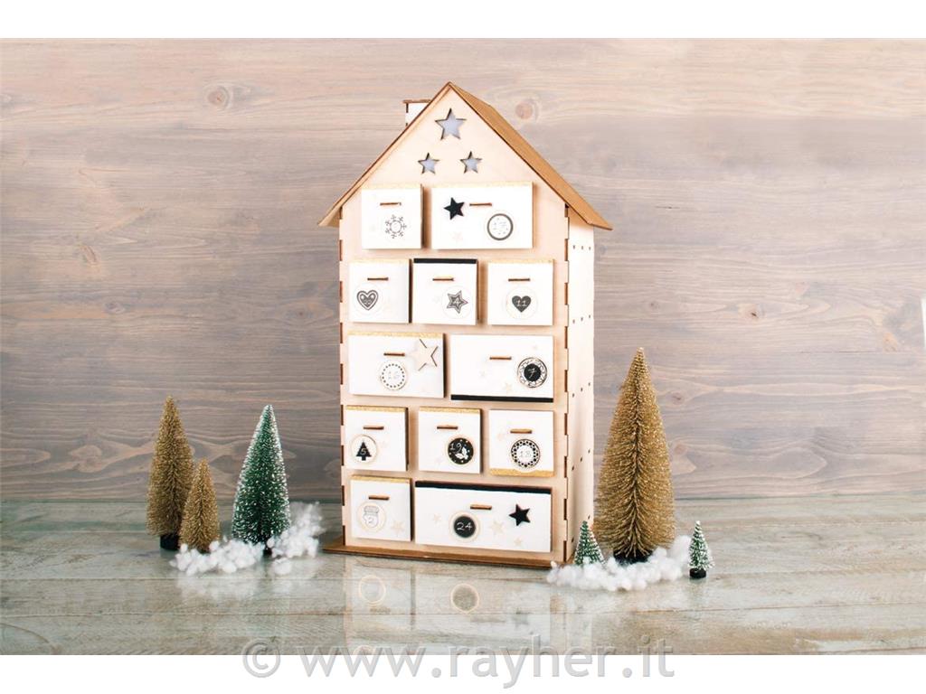 Casa legno d'avvento, FSCMix Credit, naturale, 25,5x17,5x45,5cm, 185 pz, box 1se