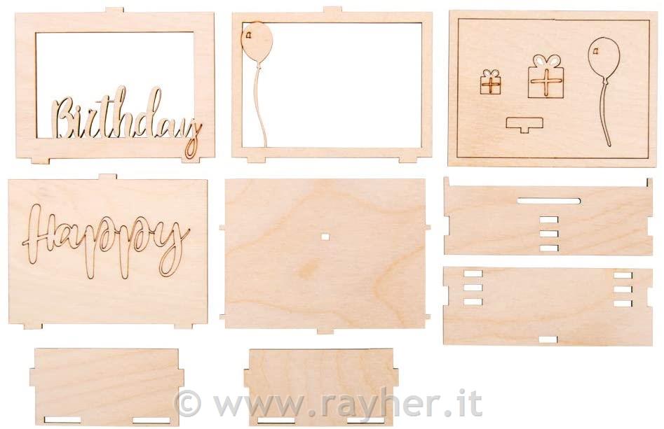 Lesena 3D škatla za darilo "Happy Birthday", 13-delni set