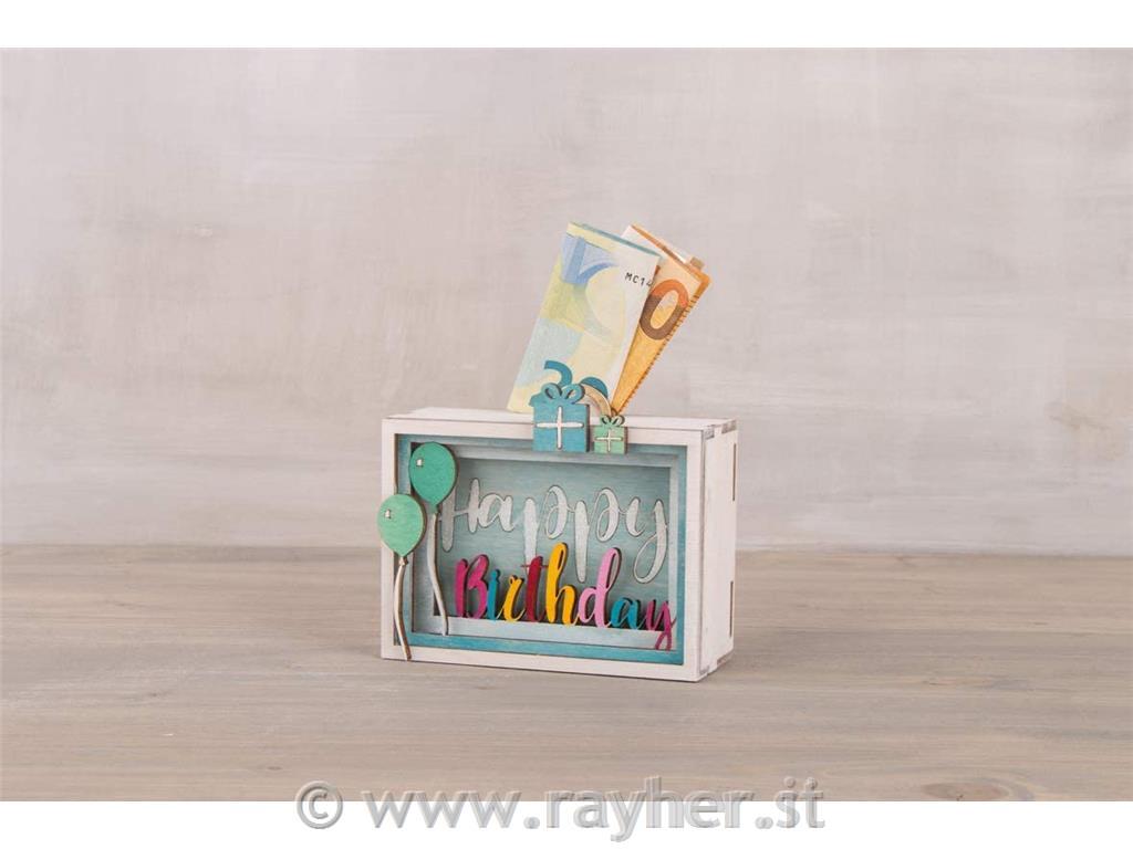 Lesena 3D škatla za darilo "Happy Birthday", 13-delni set
