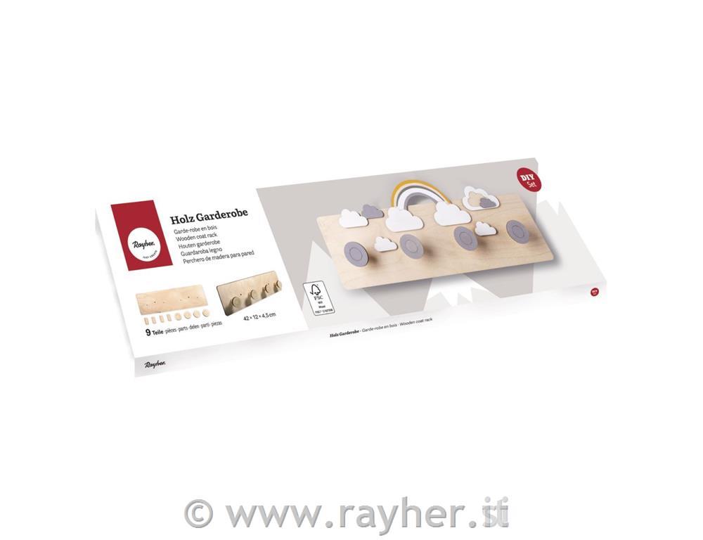 Wood.coat rack, FSCMixCredit42x12x4.5cm, 9-part, box 1Setnatural