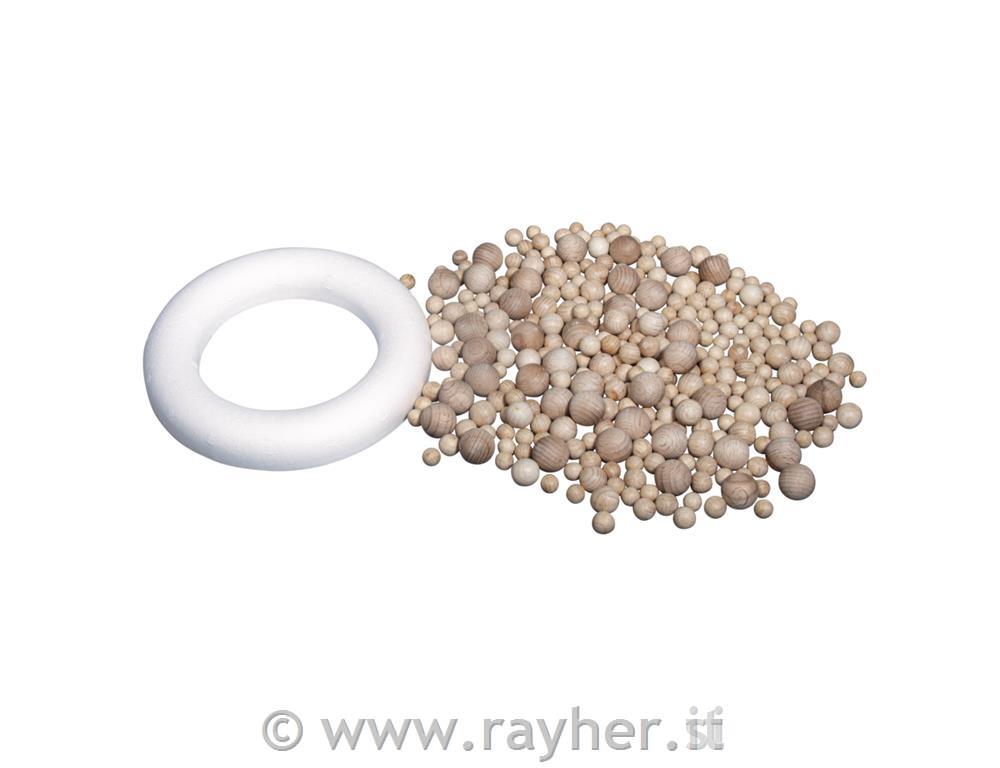 Kit: Corona sfere legno, 20cm o, 290 sfere+1 anello polistirolo 17cm, 1pz