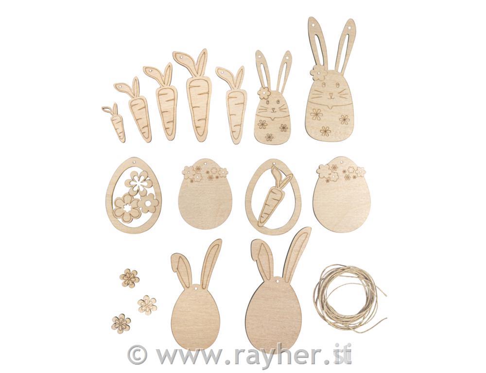 Decorazioni pasquali in legno, 1,8-11,8cm, + cordoncino