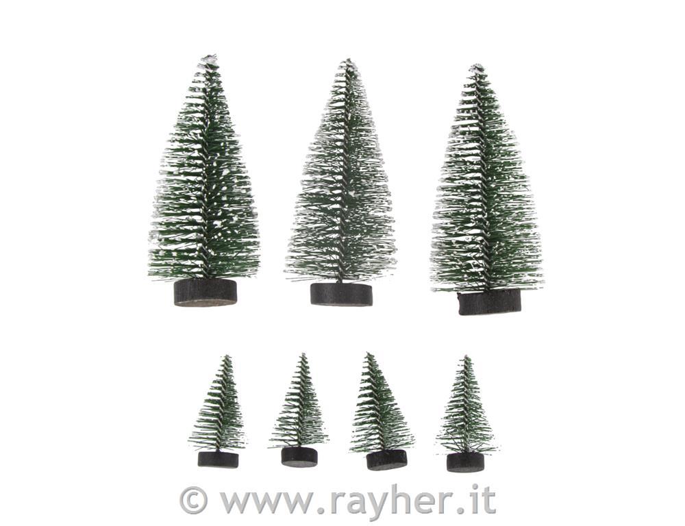 Abeti deco innevati, verde abete, 5cm x4 pz/10cm x 3 pz, box 7pz