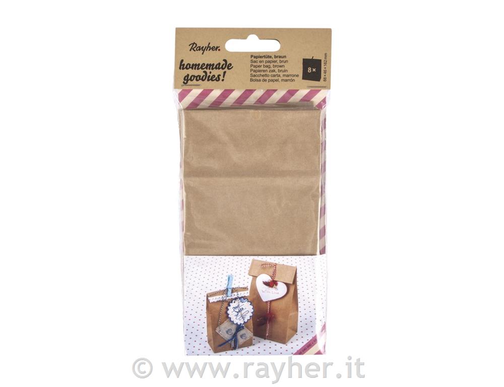 Paper bag brown, food-safe8.8x4.6x16.2cm, tab-bag 8pc