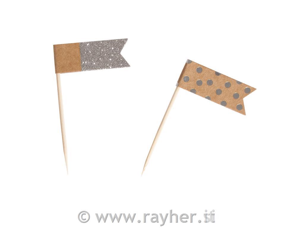 Spilli per bandiera assortiti6,5cm, bandiera: 4x1,5cm, bus.blis. 12pzargento