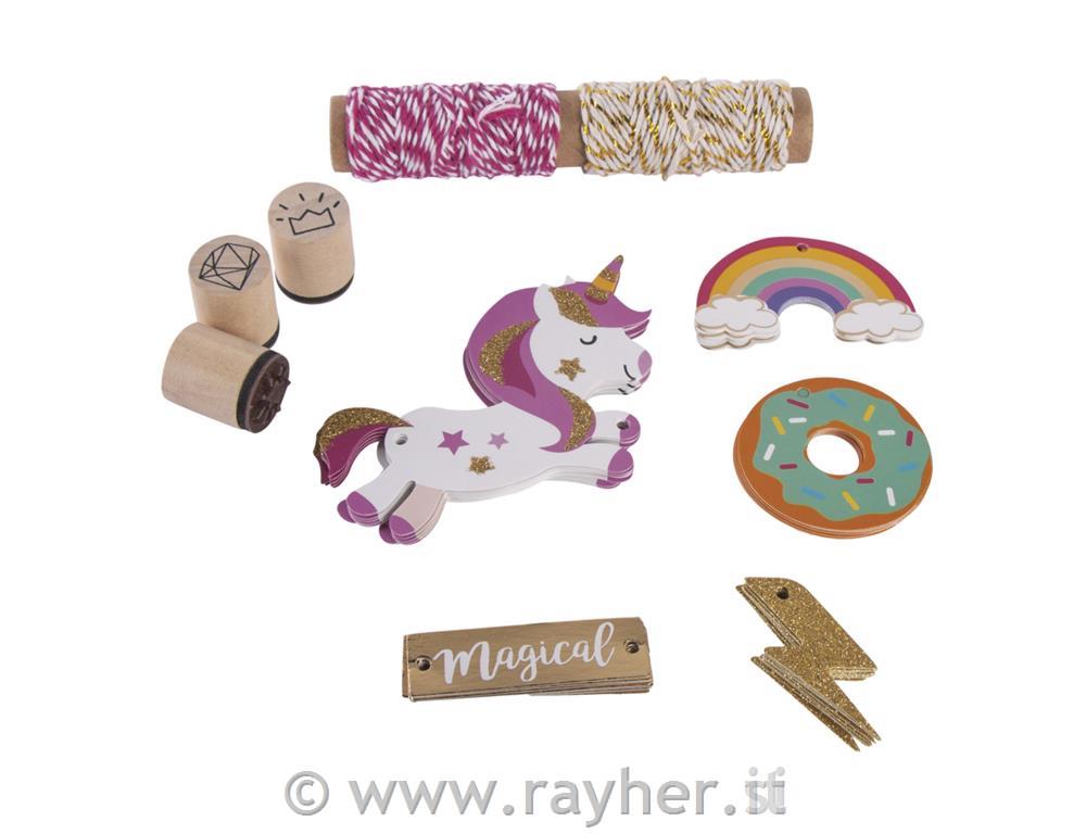 Set ciondoli regalo unicorno, Tags+cordoncino+timbro