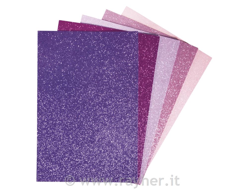 Tavolette gommapiuma glitter, adesive, fucsia-viola, 20x30x0,2cm, 5 colori, bus.