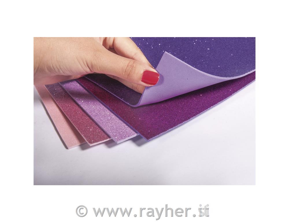 Tavolette gommapiuma glitter, adesive, fucsia-viola, 20x30x0,2cm, 5 colori, bus.