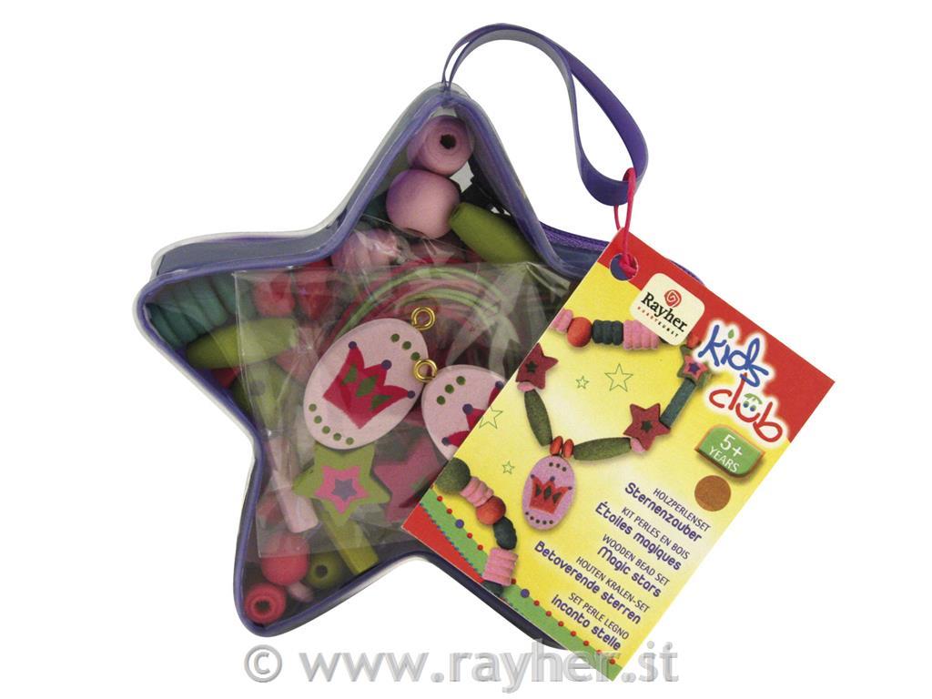 Set perle legno-incanto stelle0,8x2,5 cm, 80gr./ca.200 pz, c.cordon.