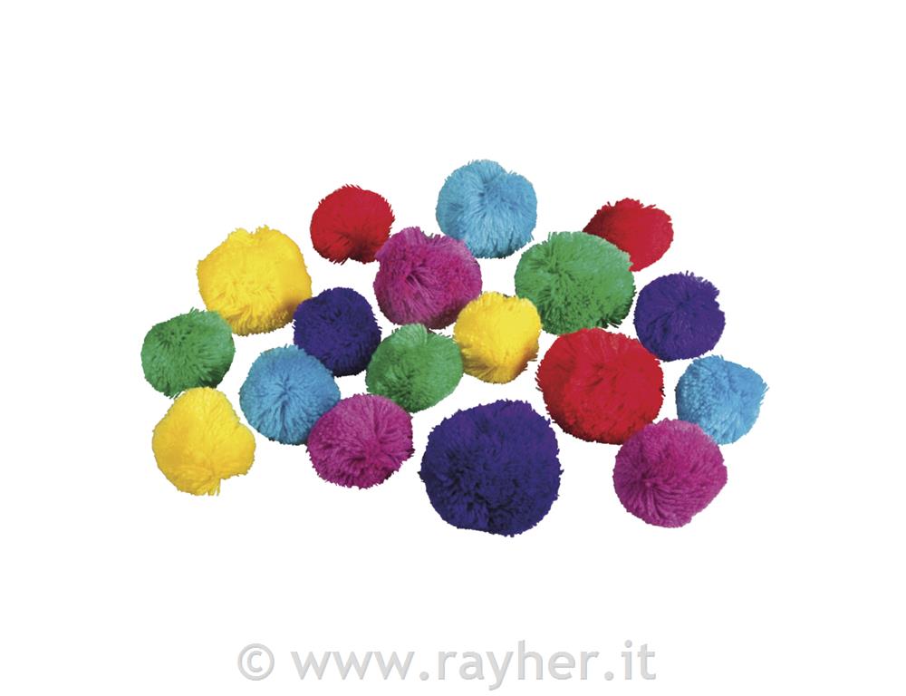 Yarn pompoms set "Ethno Mix", 3.8+5cm o,assorted in colour+size, tab-bag 18pcs