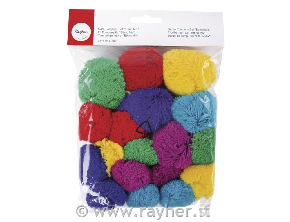 Yarn pompoms set "Ethno Mix", 3.8+5cm o,assorted in colour+size, tab-bag 18pcs