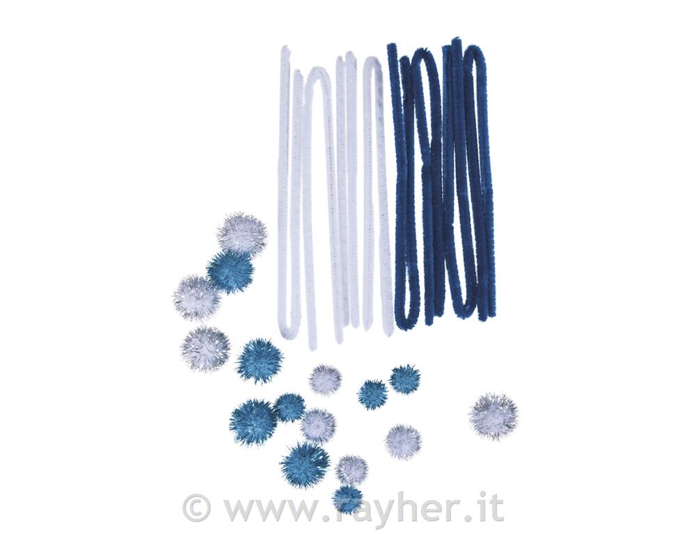 Pompon met.+ filo cinigliacolori+misure assortiti, bus.blis. 24pzblu-bianco