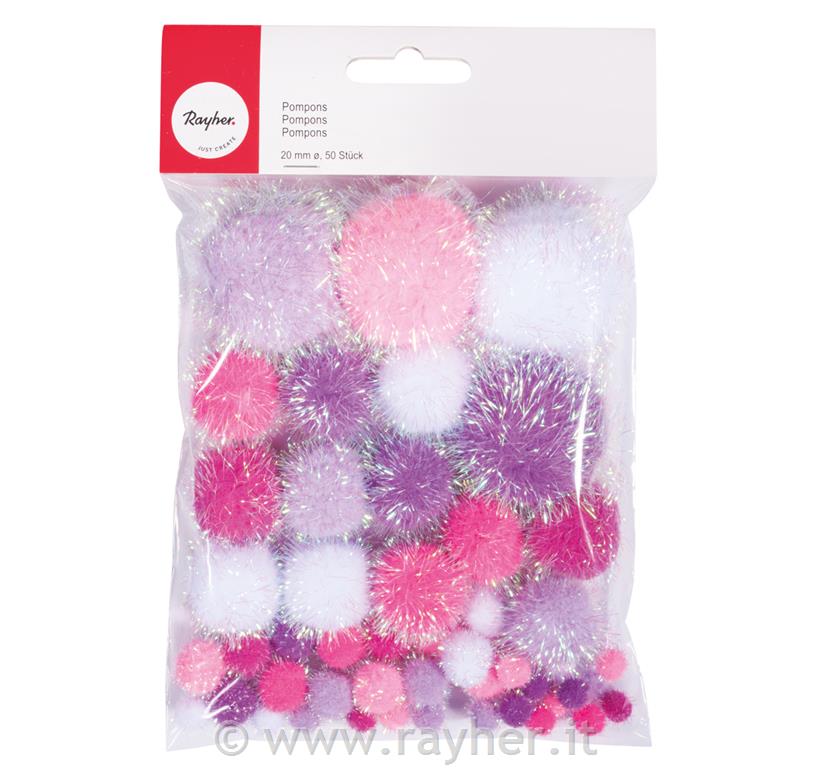Metallic pompons, assorted, pink-white,colour+size assorted, tab-bag 50pcs