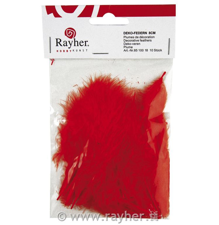 Decorative feathers, red, 8 cm, tab-bag