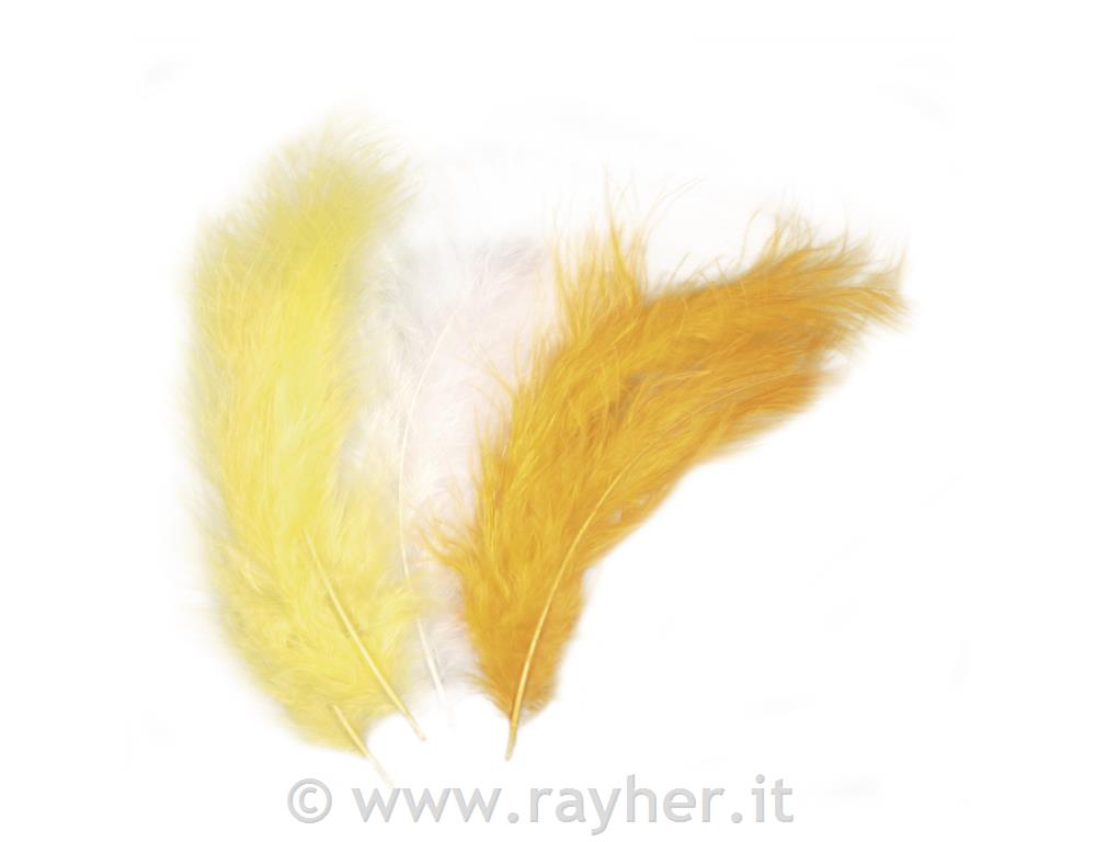Piume miste10-15cm, busta 15 pzgiallo/bianco/mais
