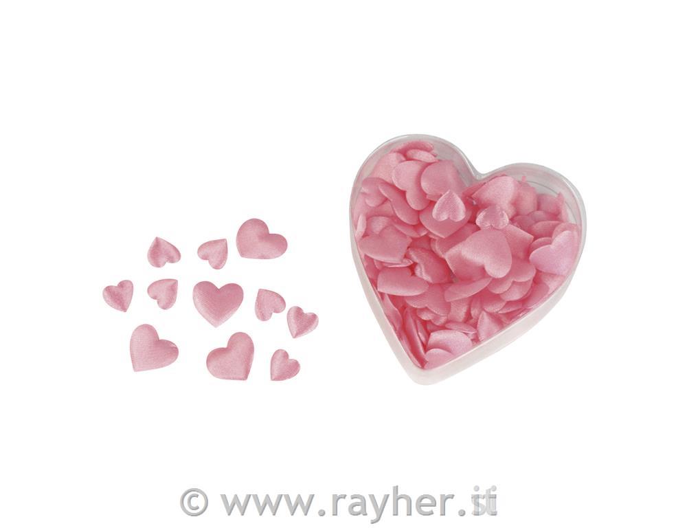 Miniature-stoffa-raso: cuore, ovattato2 misure, 13+20 mm, cuore-PVC-box 100 pzrosa