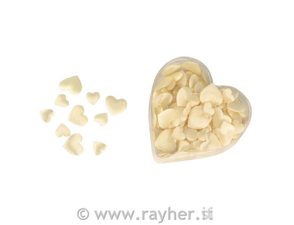 Miniature-stoffa-raso: cuore, ovattato2 misure, 13+20 mm, cuore-PVC-box 100 pzcrema