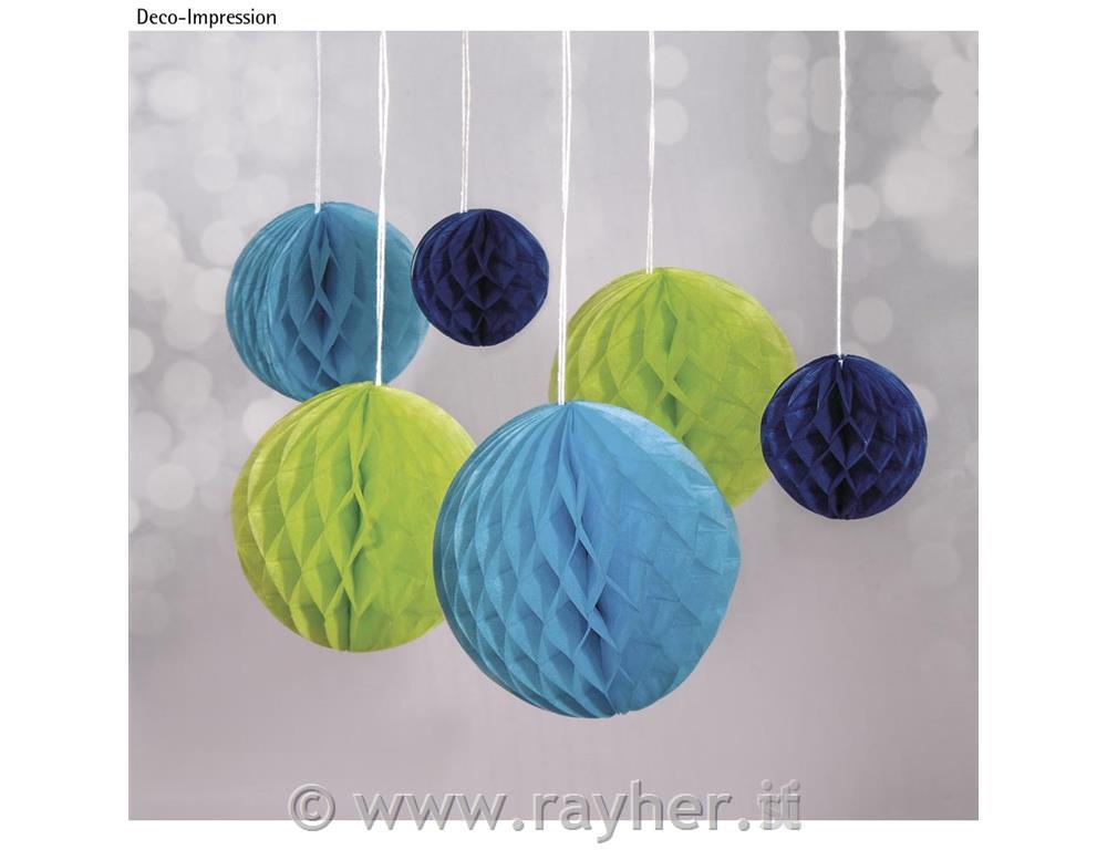 Honeycomb balls to hang, l.green/l.blue/d.blue, 5/8/10cm assort.colours, tab-bag