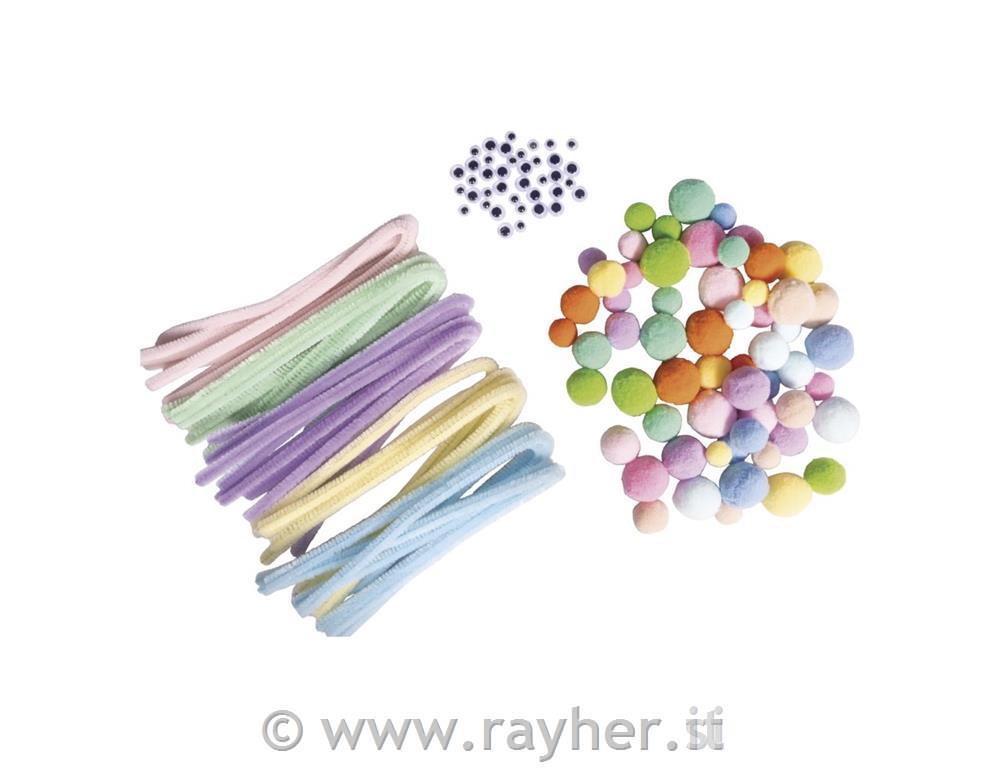 Un set di pon pon, fili pelosi e occhi125 pezzi, toni pastello