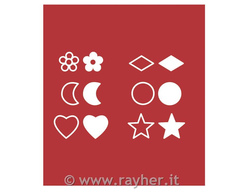 Timbri da pirografoassort. fiore/luna/cuore...box blis. 12p