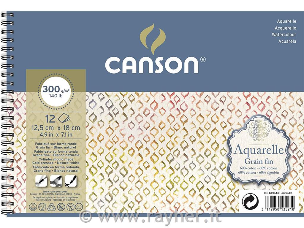 Blok akvarelni spirala Aquarelle Canson 12,5x18 cm 300 g, 12 listni; Cold Presse