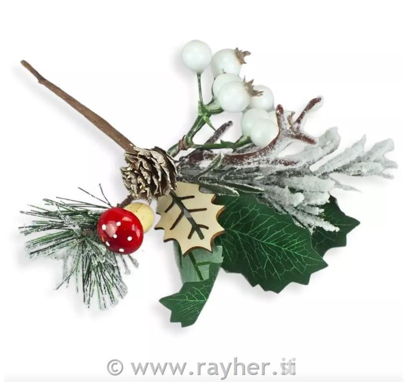 Ramoscello innevato con funghi, 19 cm