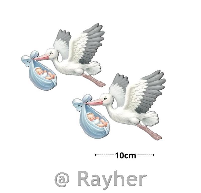 Decorazione in legno, cicogna con neonato, blu, set 2