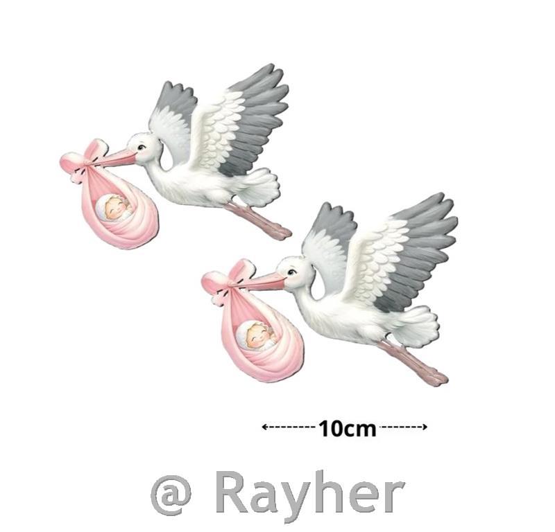 Decorazione in legno, cicogna con neonato, pink, set 2